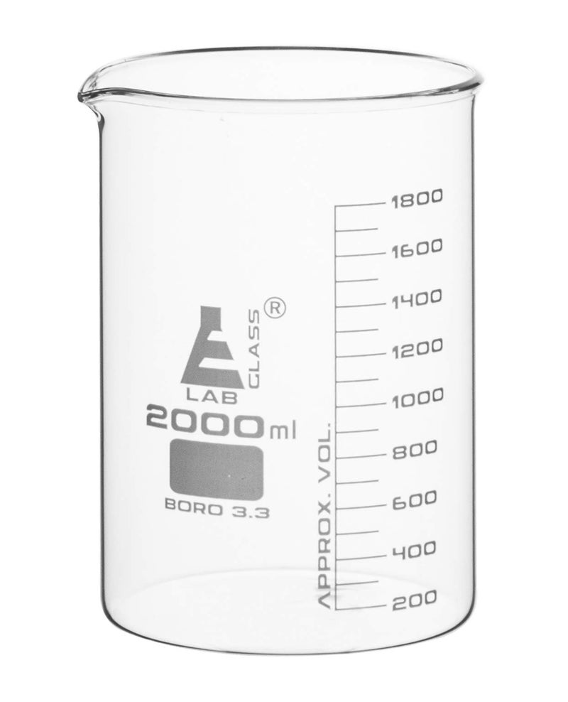 EISCO Beaker, 2000ml - Borosilicate Glass, Low Form, with Spout - 200ml Graduations - Image 2
